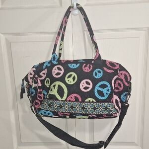 Darice Travel Bag - Large - Black Multicolor Peace Signs - Cotton Quilted